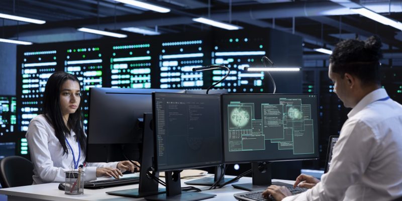 IT-Experten überwachen Systeme in einem hochmodernen Kontrollzentrum – branchenspezifische IT-Lösungen und System-Support in Echtzeit.
